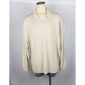 the COMMONS Mens XXL Beige Tan Merino Wool V-Neck Polo Sweater Casual Warm Cozy